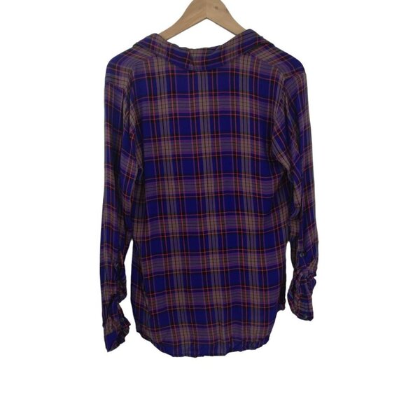 Splendid Plaid Popover Collar Roll Tab Sleeve Shirt Blouse Size M Blue Red Rayon - Picture 8 of 10